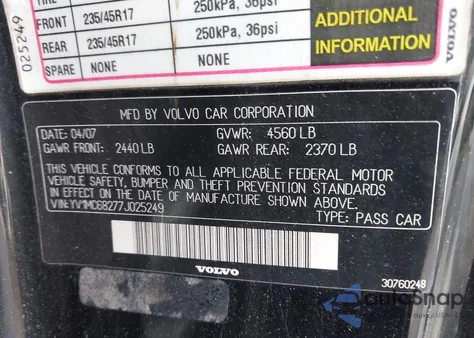 2007 Volvo C70 T5 from USA, damaged, VIN YV1MC68277J025249